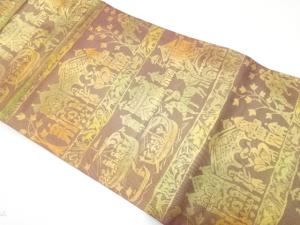 横段に異国風景・人物模様織り出し　名古屋帯